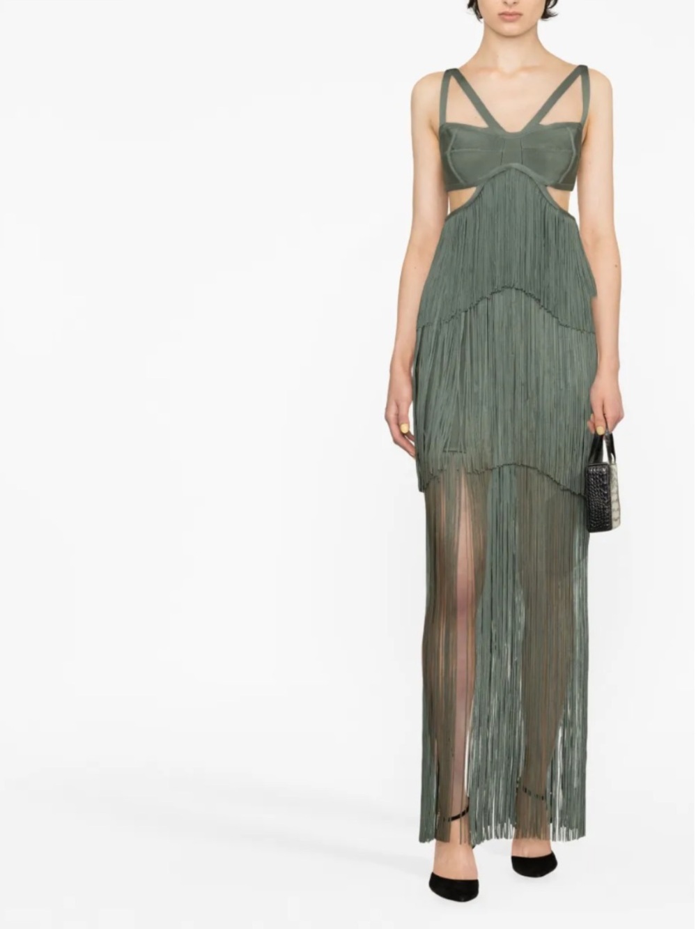 Herve Leger Strappy Tiered Fringe Maxi Dress Cutout Gown in Willow Green Medium - Picture 5 of 12